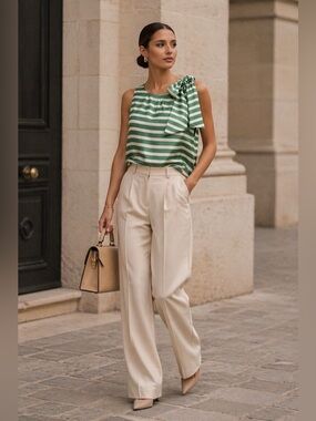 Green and White Striped Women's Top